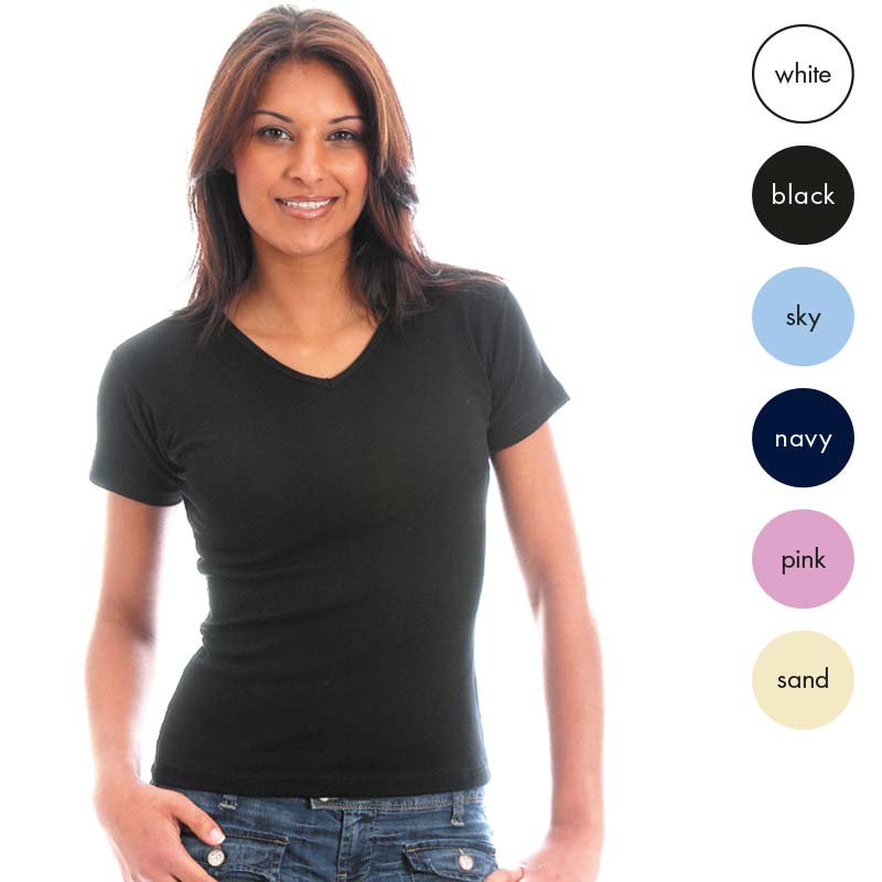 95% Cotton / 5% Elastane Ladies Fitted V-neck T-Shirt Short Sleeve - CKL  Clothing Distribution (since 1972)