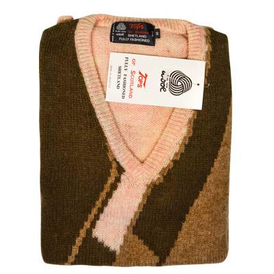 'Tops Of Scotland' Jumper V-neck Long Sleeve Pure New Wool VJUA12-cream-brown